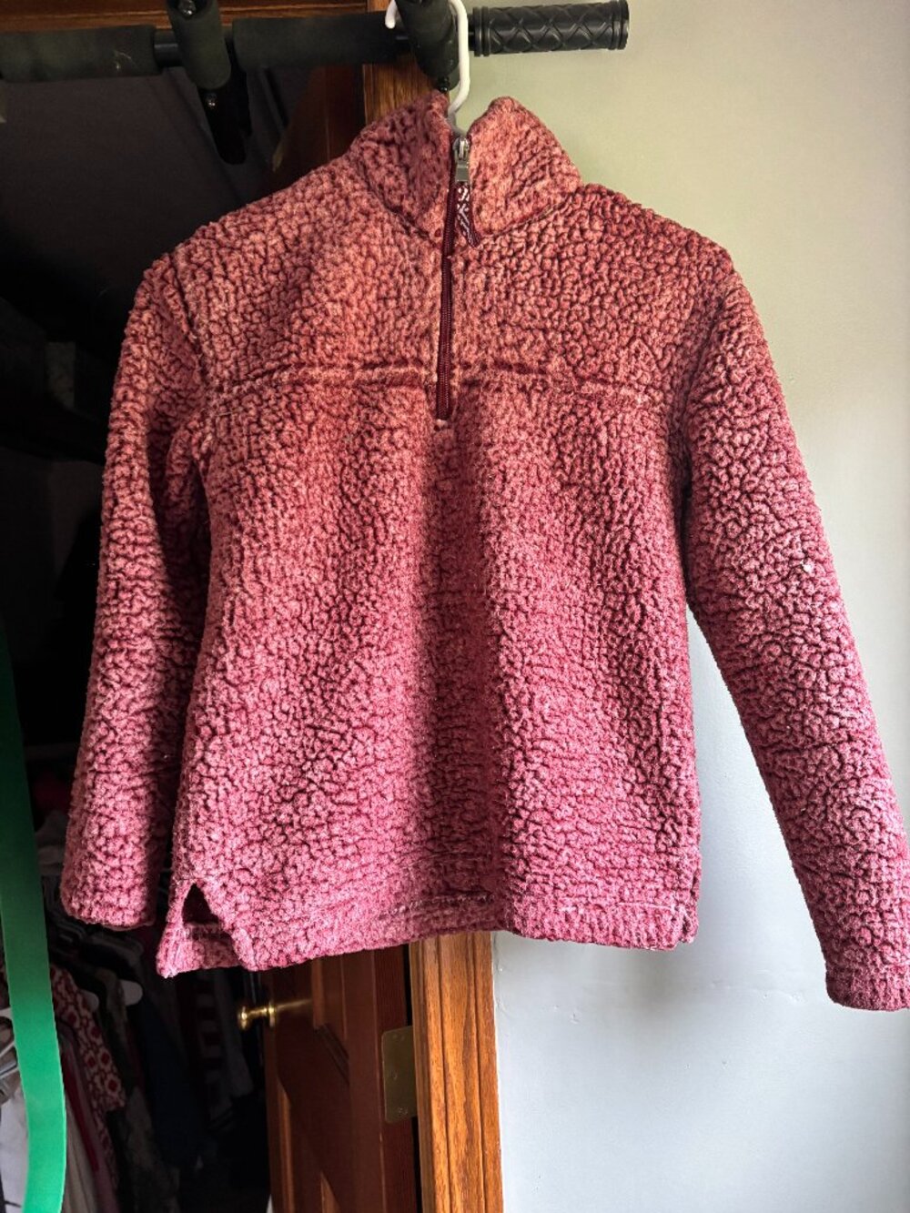 Girls’ Maroon & Pink Fuzzy Zip-Up Jacket- Size Medium